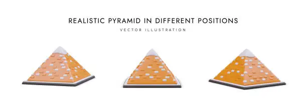 Vector illustration of 3d realistic pyramid in different positions. Web poster for travel company with place for text