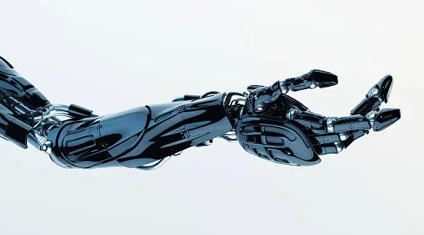 Future technology in black prosthetic hand on white. 3ds max render