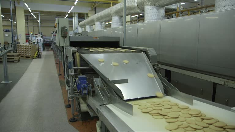 crackers slide down a metal plate from one conveyor line to another