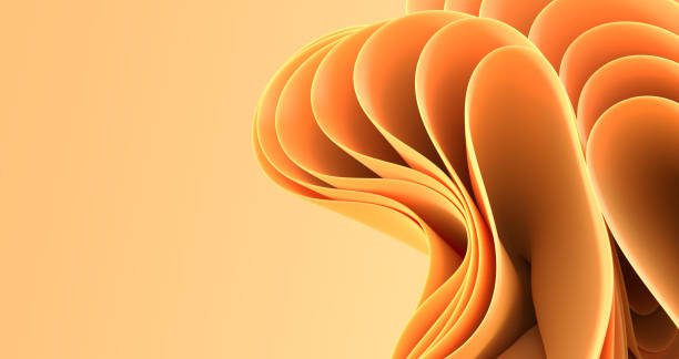 3d render abstract modern multi layer background with orange folded ribbons in shape flower. Fashion wallpaper with wavy fabric layers, lines, ruffles, gradient texture macro pattern