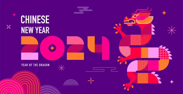 ilustrações de stock, clip art, desenhos animados e ícones de lunar new year background, banner, chinese new year 2024 , year of the dragon. geometric modern style - lunar year