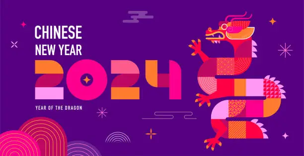 Vector illustration of Lunar new year background, banner, Chinese New Year 2024 , Year of the Dragon. Geometric modern style
