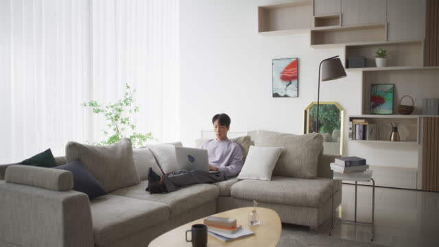 Young Handsome Asian Male Browsing Internet, Using Laptop Computer at Home, Online Shopping for Electronics on Social Media Marketplace While Sitting on a Couch in the Living Room