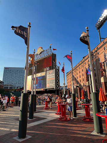 Baltimore, Maryland, USA - June 14, 2023: The flag plaza in center field inside Oriole Park at Camden Yards during a game in Baltimore, Maryland
