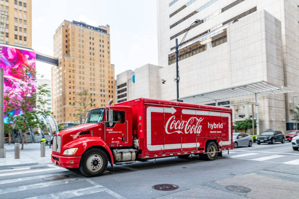 Dallas, Texas, USA. 2 June 2023. Coca-Cola truck drives through Dallas