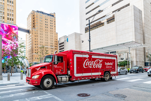 Dallas, Texas, USA. 2 June 2023. Coca-Cola truck drives through Dallas