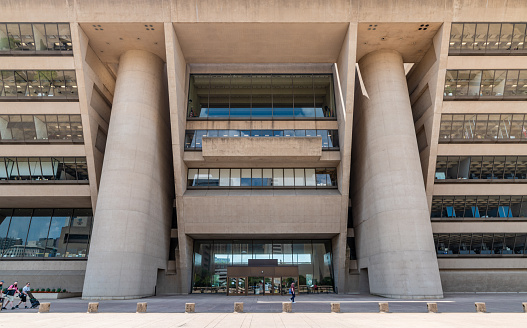 Dallas, Texas, USA. 2 June 2023. Entrance to Dallas City Hall and Exterior of the Dallas City Hall building