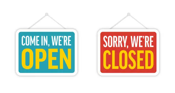 Vector illustration of Come In We are Open and Sorry We are Closed Door Signboard Vector Set