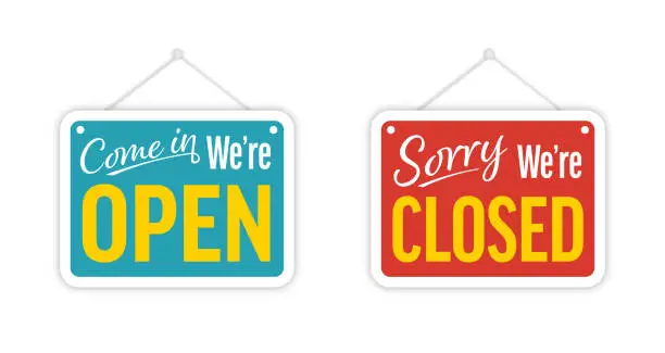 Vector illustration of Come In We are Open and Sorry We are Closed Door Signboard Vector Set