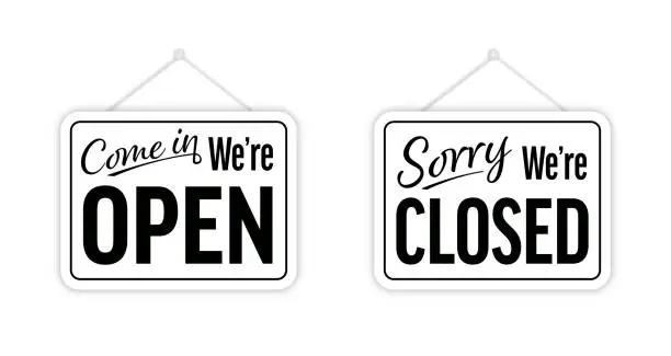 Vector illustration of Come In We are Open and Sorry We are Closed Door Signboard Vector Set
