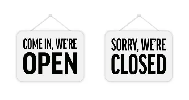 Vector illustration of Come In We are Open and Sorry We are Closed Door Signboard Vector Set