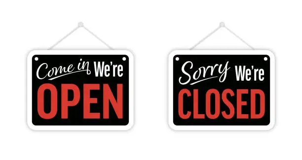 Vector illustration of Come In We are Open and Sorry We are Closed Door Signboard Vector Set