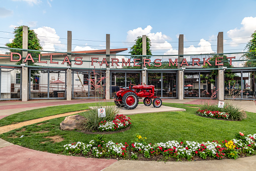 Dallas, Texas, USA. 2 June 2023. Dallas Farmers Market Exterior with a tractor