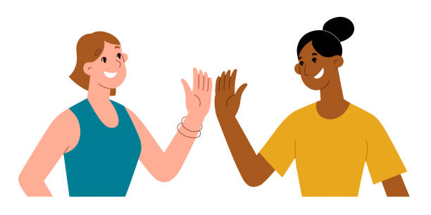 ハイタッチのジェスチャーをする2人の若い女性。女友達が挨拶をして手を挙げる。友情、サポート、ベクターイラストのコンセプト - indian ethnicity women smiling white background点のイラスト素材／クリップアート素材／マンガ素材／アイコン素材