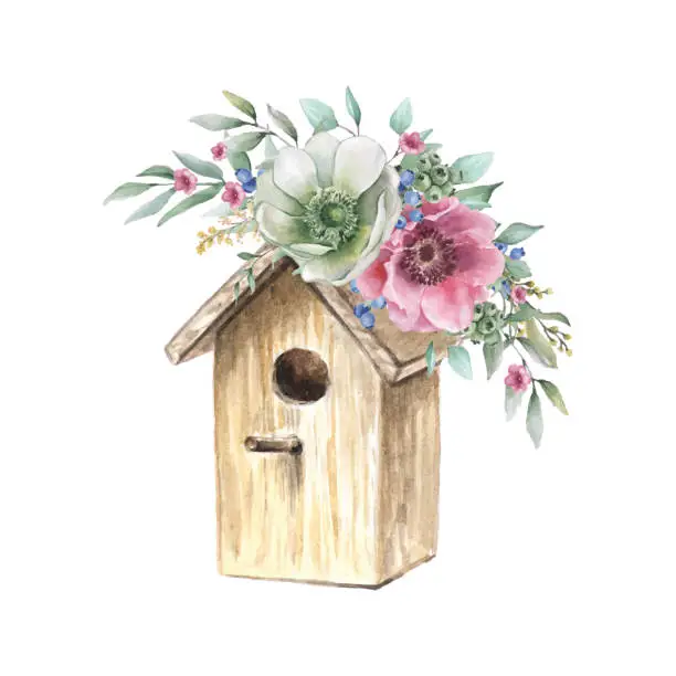 Vector illustration of Watercolor illustration of bird house and bouquet of anemones
