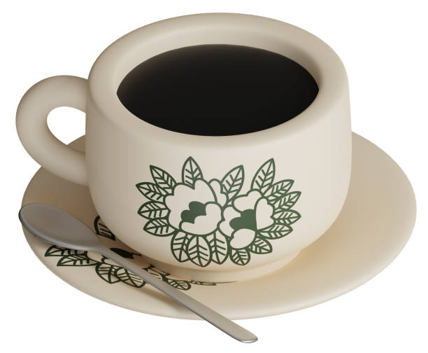 3D rendering traditional oriental style coffee in vintage floral pattern cup and plate set with tea spoon illustration icon