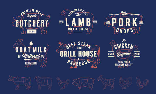 ilustrações de stock, clip art, desenhos animados e ícones de farm animals badges, stamps and poster set. butchery, grill, dairy logo. 7 farm animals silhouettes. cow, goat, chicken, pig, lamb, turkey silhouettes. vintage poster template. vector illustration - butchers shop meat store farm