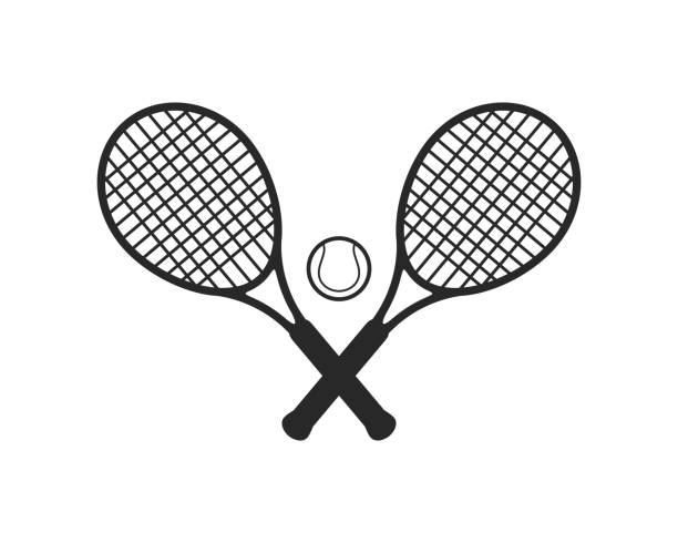 테니스 아이콘입니다. 테니스 라켓과 공의 실루엣은 흰색 배경에 분리되어 있다. 테니스 라켓을 건넜다. 벡터 그림 - tennis racket ball isolated stock illustrations