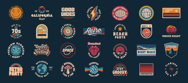 Vector Signs in Retro groovy style. Retro logos set for music album, party invitation designs. Print for t-shirt, tee. 28 colorful vintage logo designs. Vector illustration cool logo stock illustrations