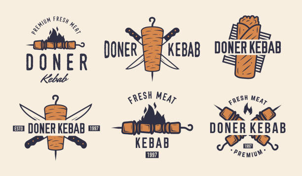 ilustraciones, imágenes clip art, dibujos animados e iconos de stock de conjunto de logotipos de doner kebab. 6 emblemas de restaurantes kebab. etiquetas de comida rápida, emblemas, logotipo. kebab, restaurante, cafetería kebab. ilustración vectorial - turkey sandwich illustrations