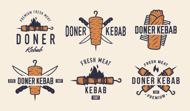 ilustrações, clipart, desenhos animados e ícones de conjunto de logotipo doner kebab. 6 emblemas de restaurantes de kebab. rótulos de fast food, emblemas, logotipo. kebab, restaurante, café kebab. ilustração vetorial - turkey sandwich illustrations