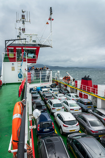 Cars in the ferry boat between Armadale on the Isle of Skye and Maillaig in North West Highlands, Scotland, UK