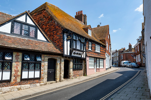 Rochester, UK - May 16, 2015: Rochester high street view. Restaurant locates in ild English gate town