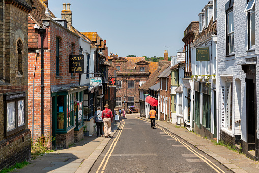 Rye, England UK - Jun 13, 2023: Old street of Rye town with traditional buildings.