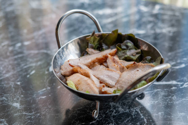 Grilled Pork Neck, Thai style food served on plate