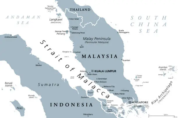 Vector illustration of Strait of Malacca, a main shipping channel and lane, gray political map