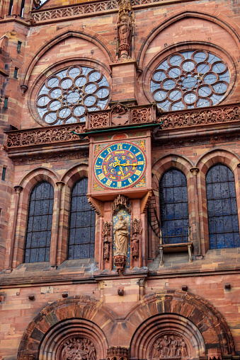 Astronomic clock on the outside of Strasbourg Cathedral or the Cathedral of Our Lady of Strasbourg in Strasbourg, France
