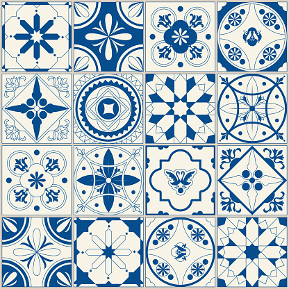 Seamless tile pattern. Colorful Lisbon, Mediterranean floral ornament pattern. Square flower blue mosaic. Islam, Arabic, Indian, Turkish, Pakistan, Chinese