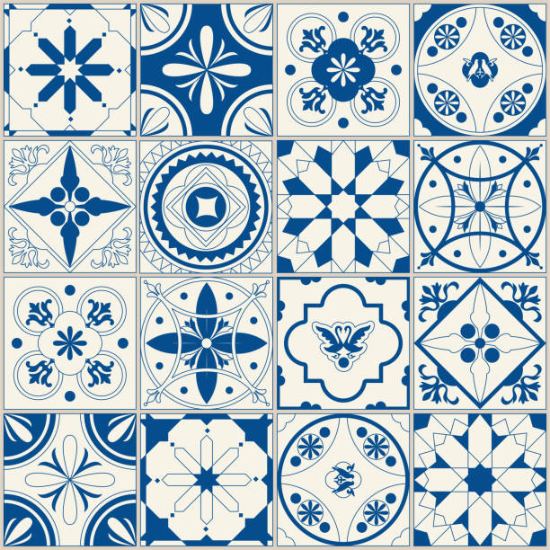 Seamless tile pattern. Seamless tile pattern. Colorful Lisbon, Mediterranean floral ornament pattern. Square flower blue mosaic. Islam, Arabic, Indian, Turkish, Pakistan, Chinese fruit of islam stock illustrations