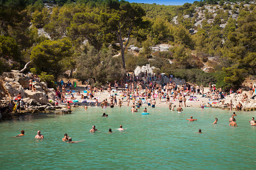 Beach lovers in Calanque de Port-Pin, Calanques National Park, Cassis, Bouches-du-Rhône, Provence-Alpes-Côte d'Azur, France, Europe