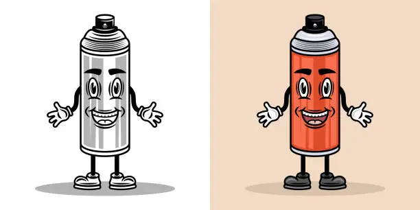 Vector illustration of Paint spray can cartoon character with hands and legs. Vector illustration in two styles black on white and colorful