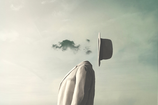 Illustration of surreal man head in the cloud, abstract absence concept