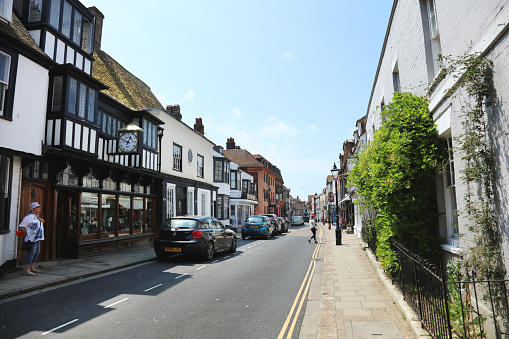 Empty street on a sunny lazy Sunday in the old town of Hemel Hempstead, Hertfordshire, England.