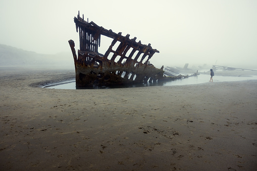 A child, shrouded in fog, explores the wreckage of the ship Peter Iredale on the Pacific coast of Oregon, United States.  The morning mist makes for an eerie scene.