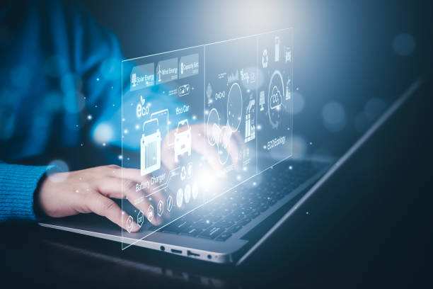 istock Man using laptop with global network connection with virtual modern reduce CO2 emission concept with icons, global warming emissions carbon footprint climate change to limit global warming, energy 1498726685