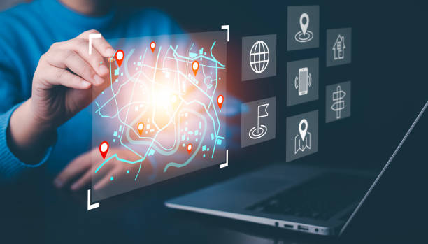 istock Business people using pen touch virtual world and model map with location point, GPS app, icon Travel maps and find places in the online system, all screen graphics are generated, Searching for travel 1498726686
