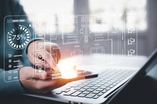 istock Hand using AI smart tablet with smart home app on the room, circular interface of the smart home automation assistant on the virtual screen and user touches the button, smart home digital interface 1498728031