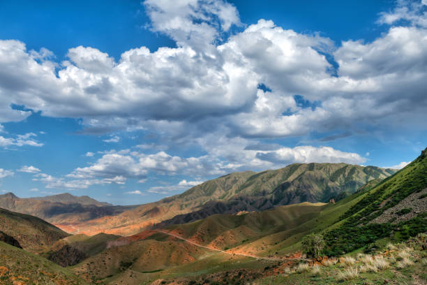 Scenic mountain landscape with red rocks and cloudy sky