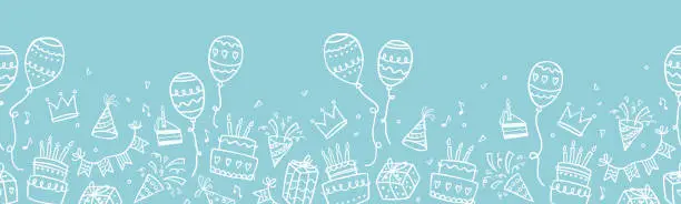 Vector illustration of Fun hand drawn party seamless background with cakes, gift boxes, balloons and party decoration. Great for birthday parties, textiles, banners, wallpapers, wrapping - vector design