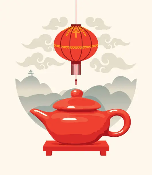 Vector illustration of teapot on background mountain landscape and red paper lantern