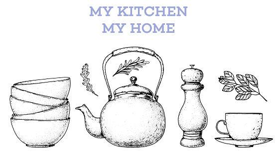 Kitchenware frame. Kitchen utensils sketch. Hand drawn vector illustration.