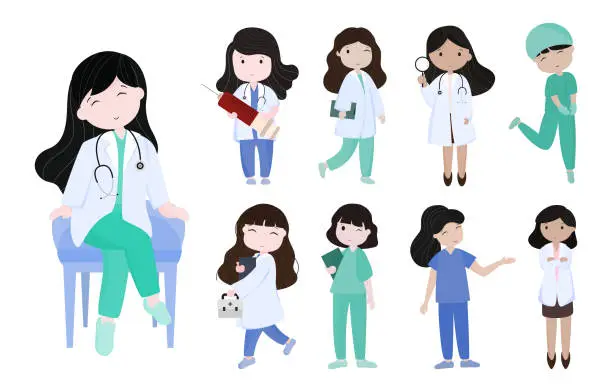 Vector illustration of Set of cute woman doctor cartoon. Character for medical, sitting, standing, and smile action. Cute cartoon on white background with vector illustration concept.