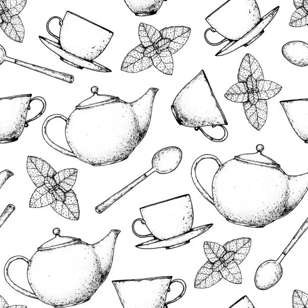 Vector illustration of ea supplies sketch seamless pattern. Tea cup, tea kettle, spoon. Kitchen utensils hand drawn background
