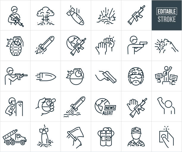 ilustraciones, imágenes clip art, dibujos animados e iconos de stock de iconos de línea fina de guerra, lucha, soldados y guerra - trazo editable - casco militar