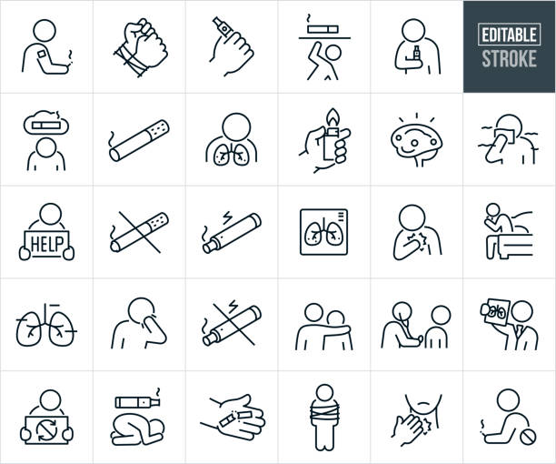 Smoking Addiction, Cigarettes, Vaping, E-cigarettes And Quitting Smoking Thin Line Icons - Editable Stroke A set of smoking addiction, cigarettes, vaping, e-cigarettes and quitting smoking icons that include editable strokes or outlines using the EPS vector file. The icons include a person smoking a cigarette while wearing a patch to help him stop the habit, hands tied to addiction of smoking, hand holding an e-cigarette, smoker being crushed by cigarette representing addiction, sad person with head down vaping, person depressed with smoking addiction, cigarette, person with lung cancer from smoking, person offering support to smoker by putting arm around shoulder, human brain and addiction, person covering nose and mouth due to cigarette smoke, smoker holding a help sign to quit smoking, stop smoking sign, electronic cigarette, x-ray of a set of human lungs with cancer from smoking habit, smoker holding chest in pain, person sitting at bedside coughing due to the affects of smoking, person coughing from vaping and smoking, no vaping, hand holding a cigarette lighter, smoker getting a check-up from doctor, doctor holding up an x-ray of a set of human lungs, person holding sign showing the repeating cycle of addiction, person in fetal position with e-cigarette looming overhead, hand holding a crushed cigarette in open hand, person tied to addiction, person holding neck in pain from smoking addiction and a person attempting to quit smoking. addiction stock illustrations