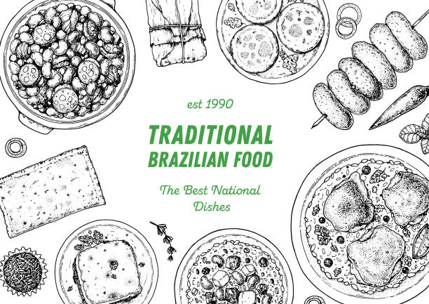 illustrazioni stock, clip art, cartoni animati e icone di tendenza di illustrazione vettoriale della vista superiore del cibo brasiliano. modello di design del menu alimentare. schizzo disegnato a mano. menu di cibo brasiliano. stile vintage. feijoada, pastello, escondidinho, baiao de dois, galinhada, churrasco - casseruola stoviglie